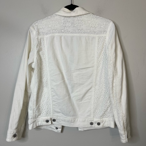 Anthropologie white Stretch Denim Eyelet Lace Trim Denim Jacket XS Fits Large - Picture 11 of 15